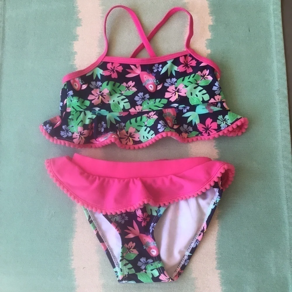 Viv & Lou Floral Ruffle Bikini Swimsuit Pom Pom Trim Small